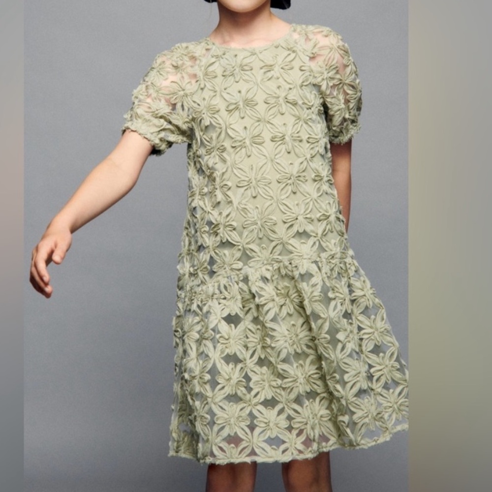 ZARA 3D floral dress matte green size 6Y